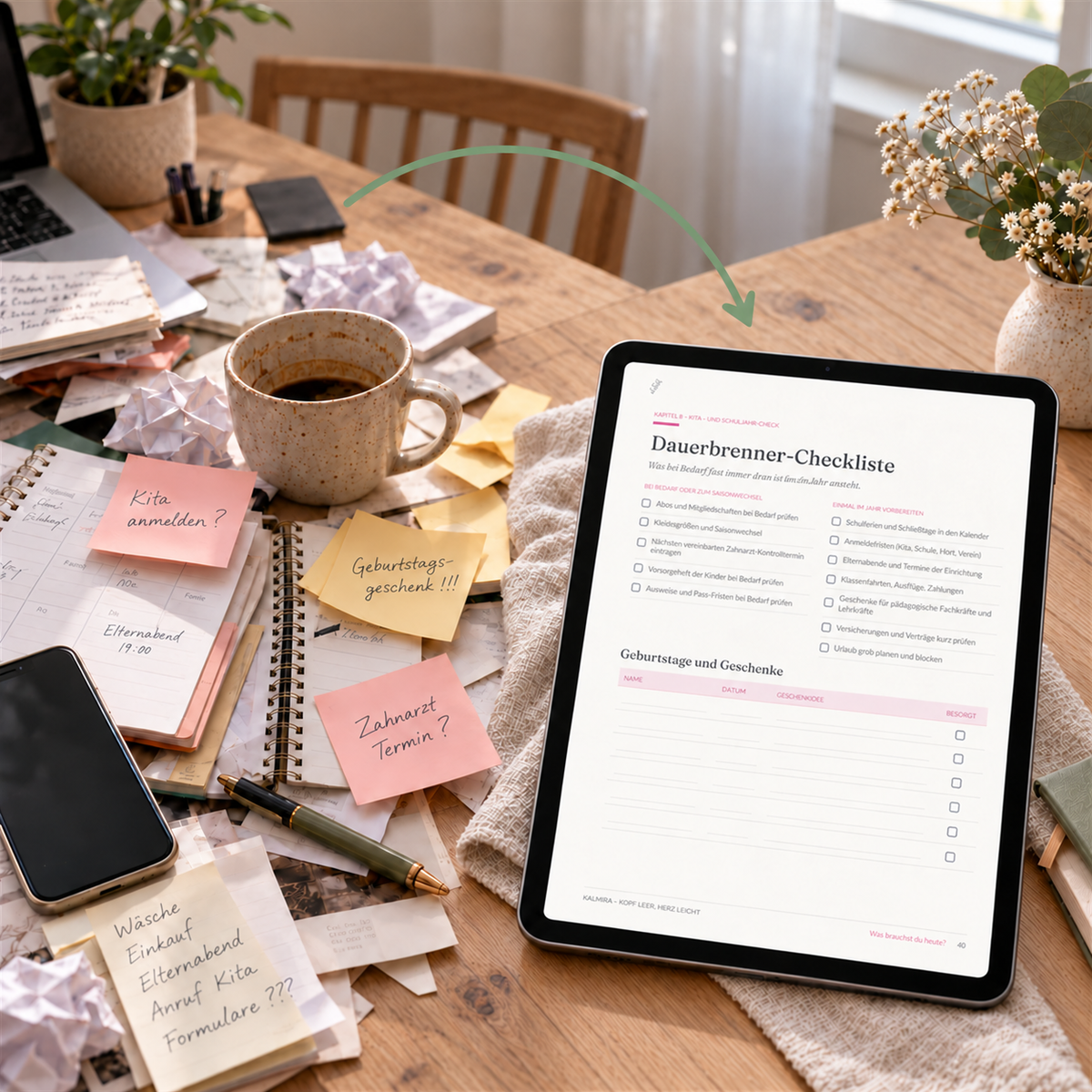 Beispielseite des Kalmira Workbooks für berufstätige Mütter zur Organisation des Familienalltags