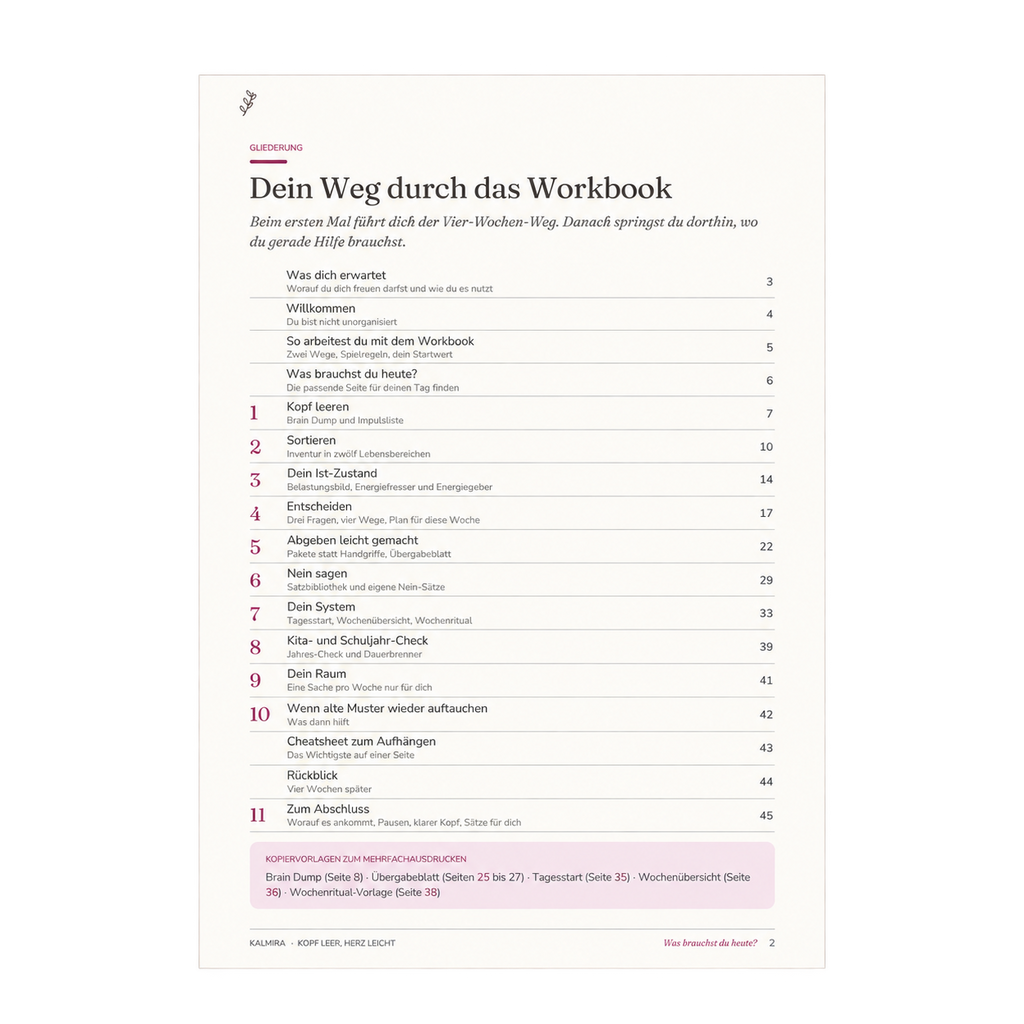 Innenseite des Kalmira Workbooks mit Platz zum Sortieren von Aufgaben und Gedanken