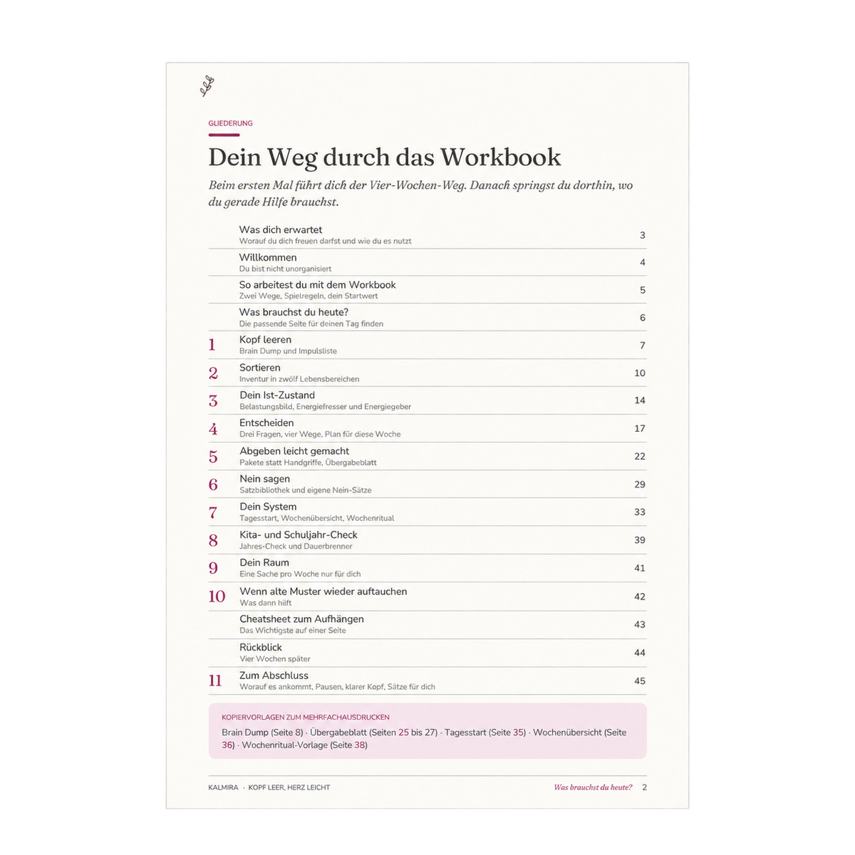 Innenseite des Kalmira Workbooks mit Platz zum Sortieren von Aufgaben und Gedanken